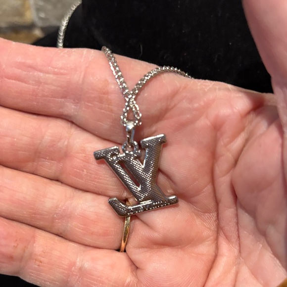 Silver and Teal Blue LV Pendant Necklace - Picture 3 of 5